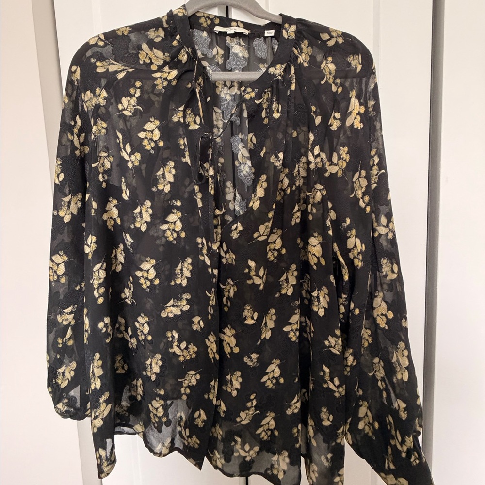 Vince black and gold floral silk blouse; size XL